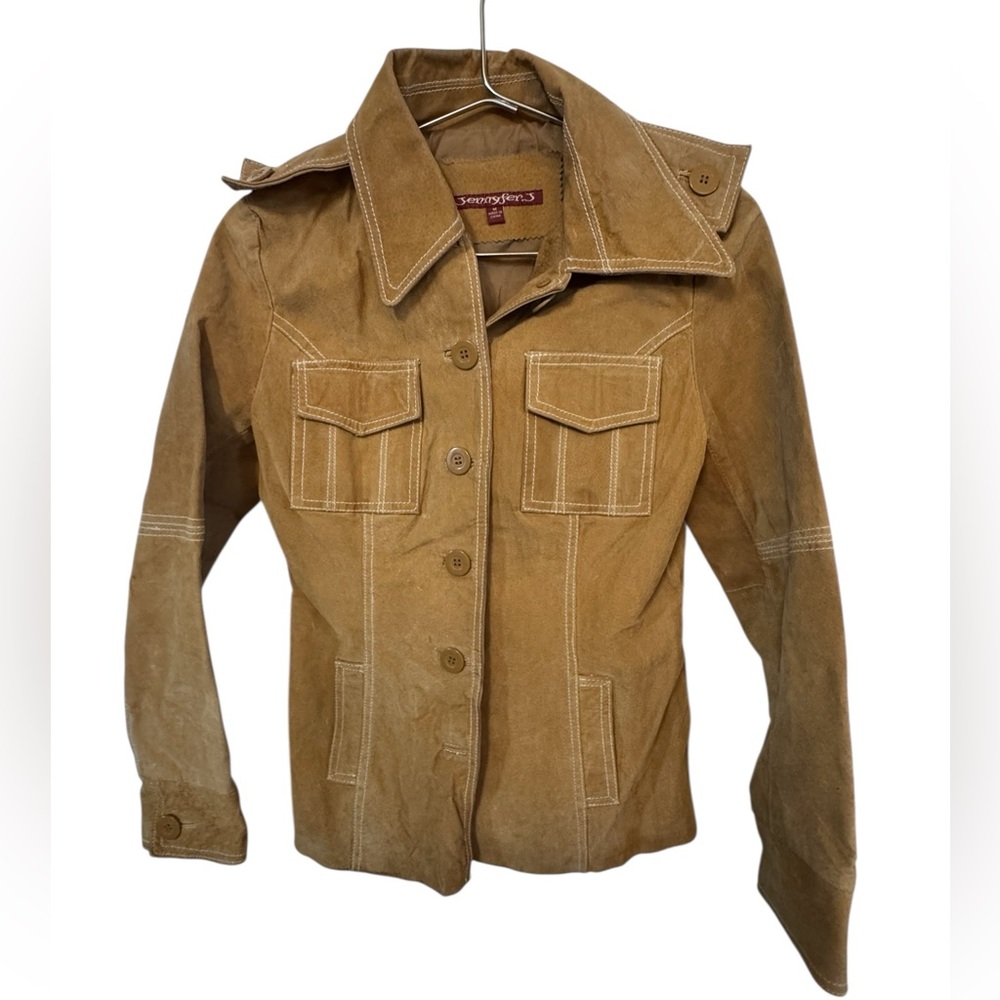 Y2K Retro Jennyfer J Tan Brown Button Up Women's M Leather Utility Jacket